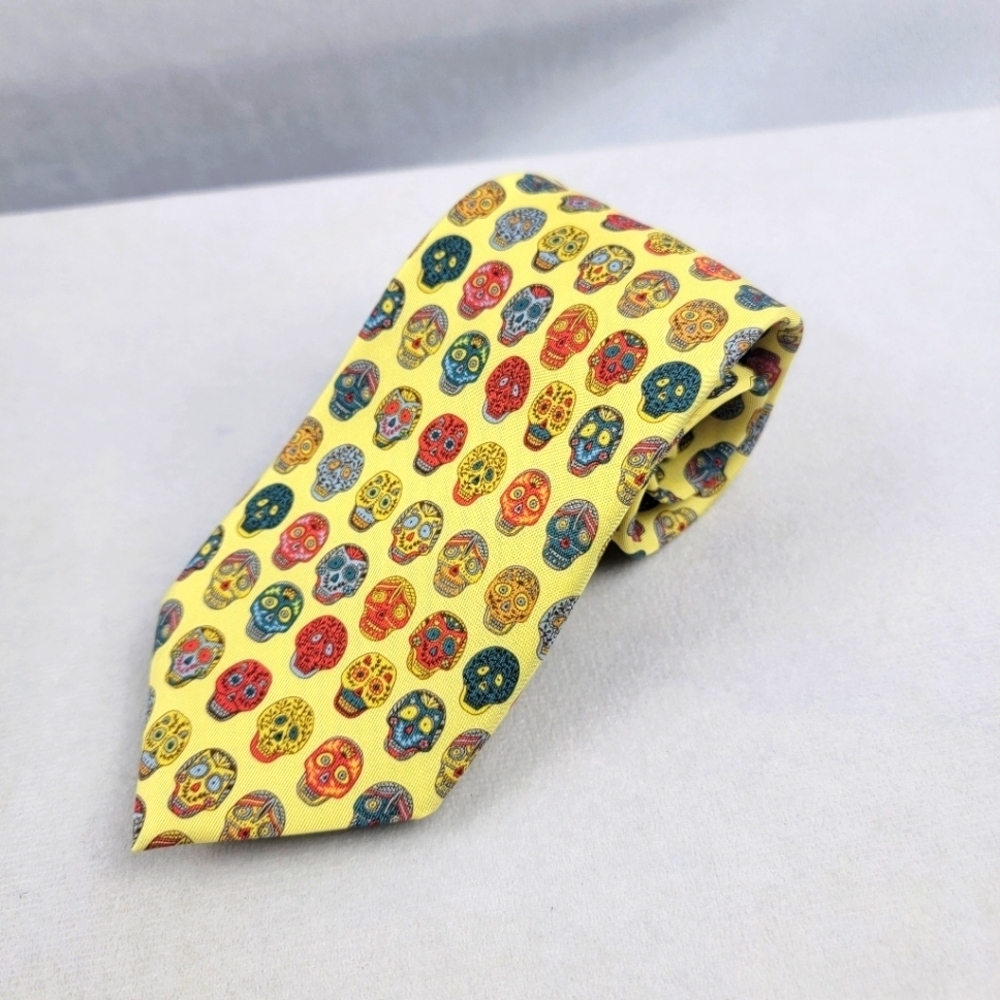 Josh Bach sugar skull necktie yellow skulls Day of the Dead tie 3" wide
